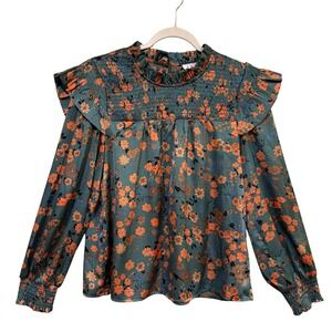 THML Floral Smocked Blouse Medium Green Orange Cottagecore Boho Romantic